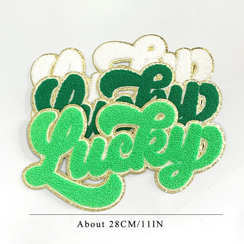 Wholesale 11 Inches St. Patrick's Day Big Chenille Patches Shirt Large Letter Patches Iron on Lucky Chenille Patch for Clothing
