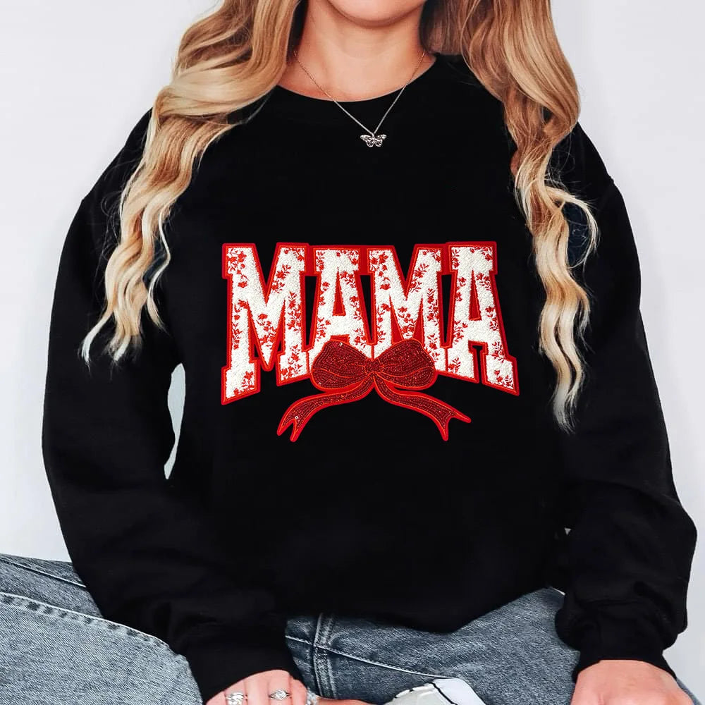 Wholesale Big Mama Patch Women Clothing Decoration Iron on Embroidery Mama Chenille Patch With Sequin Bow for Mom Gift
