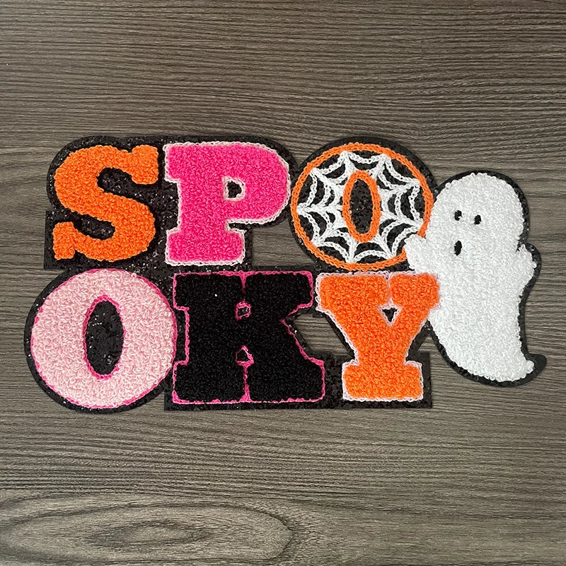 Wholesale Big Halloween Iron on Letter Patches Girl Colorful Chenille Pumpkin Ghost Spooky Chenille Patch for Man Women Clothes