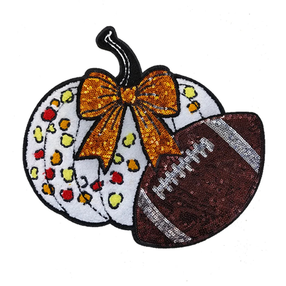 Wholesale Big Halloween Chenille Patches Iron on Cute Fall Season Sequin Ghost Bow Pumpkin Chenille Patches for Women Sweatshirt