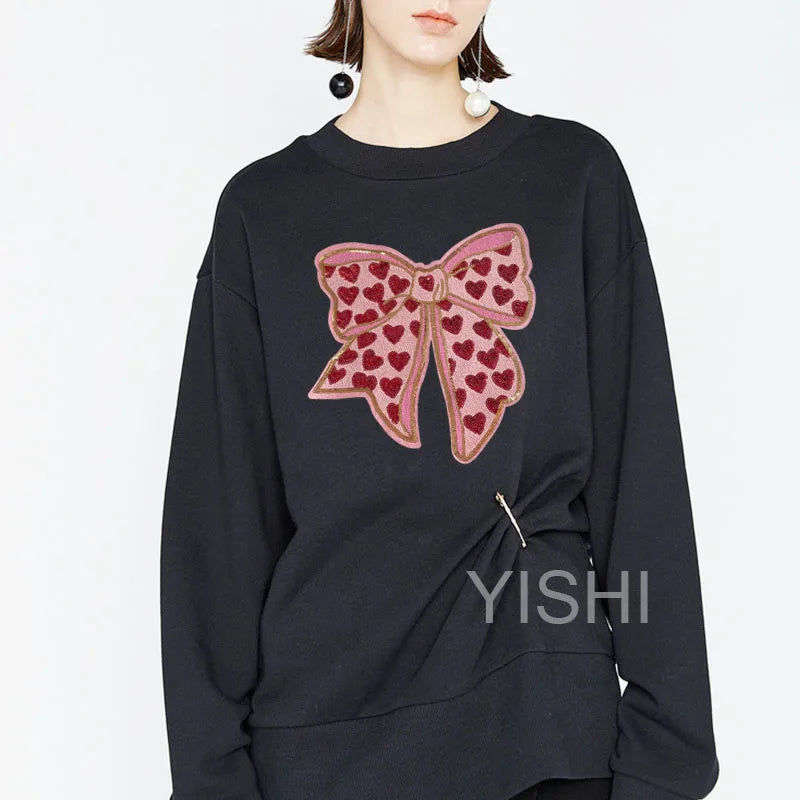 Trendy Valentines Sequins Patch Iron on Girl Women Large Pink Red Heart Big Sequin Bow Patch for Hoodies Clothing Decoration