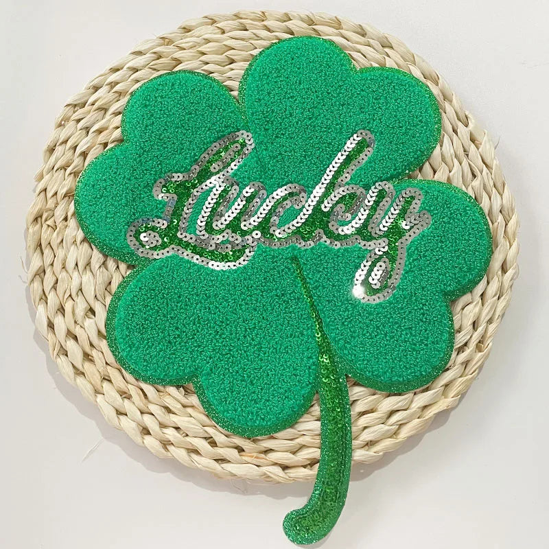 Wholesale Large Chenille Patches Sweatshirt Sequin Green Leaf Clover Iron on Letter Lucky Chenille Patch for Women Man Clothing