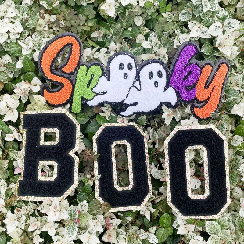 Wholesale Big Halloween Iron on Letter Patches Girl Colorful Chenille Pumpkin Ghost Spooky Chenille Patch for Man Women Clothes