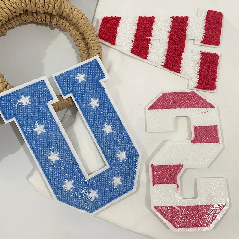 High Quality USA Chenille Patch Tshirt 4th of July 14CM USA Star Chenille Letter Patches Iron on for Clothing Independence Day