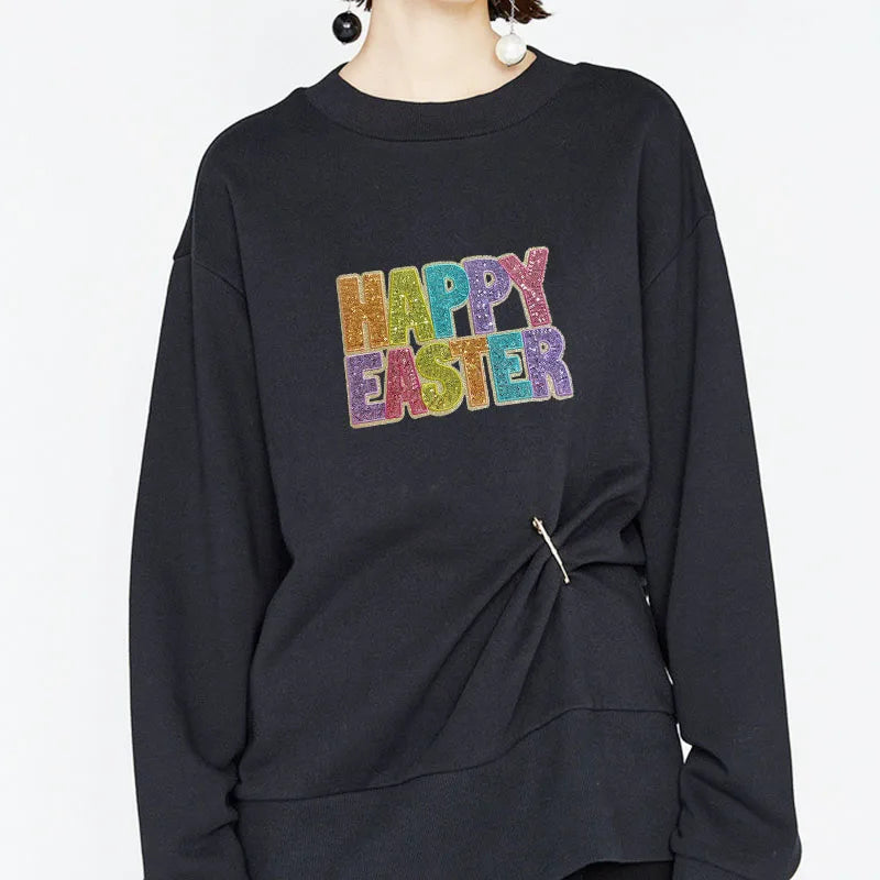 Trendy Big Bling Custom Letter Patches Iron on Colorful Happy Easter Sequin Patch for Women Girl Sweatshirt Hoodie Clothing