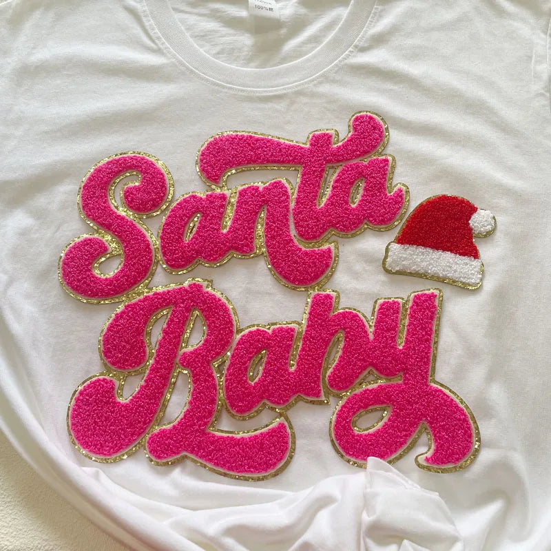 Wholesale 28cm Santa Baby Chenille Patch Big Letter Handmade PVC Iron Sew Christmas Patches for Clothing Appliqued Towel Design