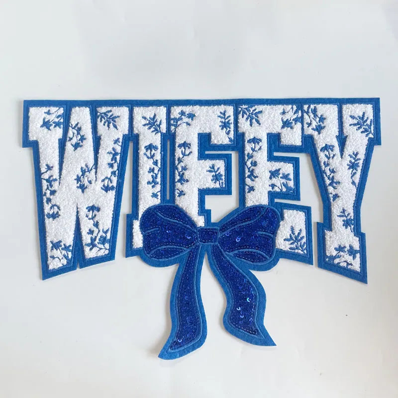 Wholesale Big Mama Patch Clothing Decoration Iron on Embroidered WIFEY Chenille Patches With Sequin Bow for Women Wife Gift