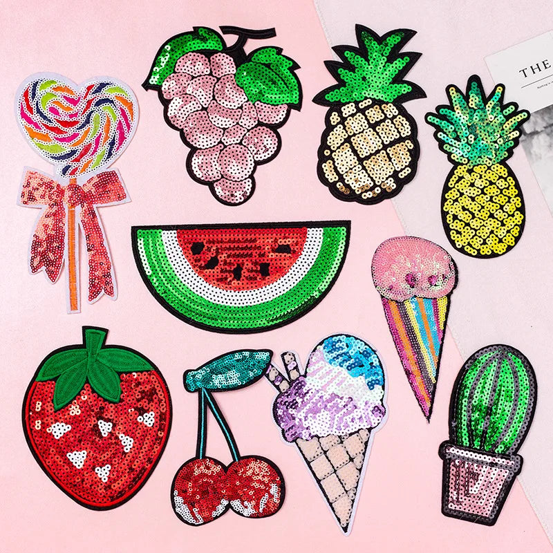 Trendy Sparkling Sequin Patches Iron on Cherry Watermelon Grape Shiny Fruit Sequin Patch for Girl Bag Pants Clothing Patches