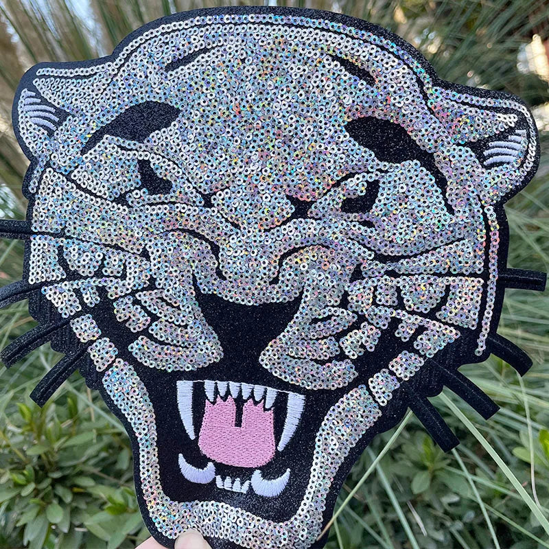 Fashion Large Bling Sequin Cougar Head Patches Iron on Wholesale Mascot Sequin Patches for Women Man Sweatshirt Hoodie Clothing