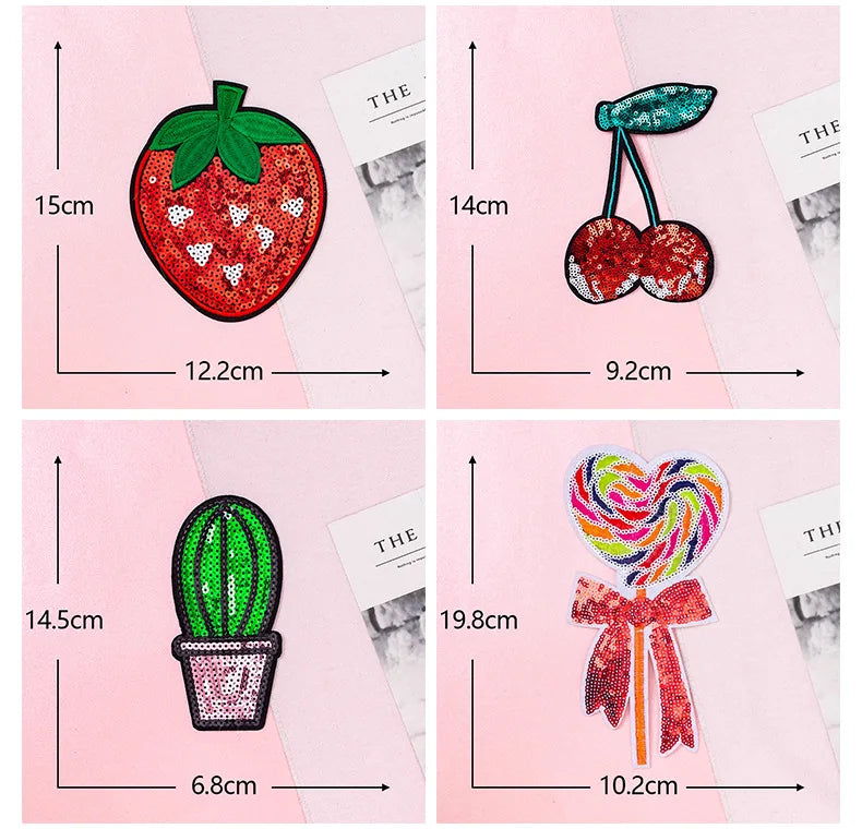 Trendy Sparkling Sequin Patches Iron on Cherry Watermelon Grape Shiny Fruit Sequin Patch for Girl Bag Pants Clothing Patches