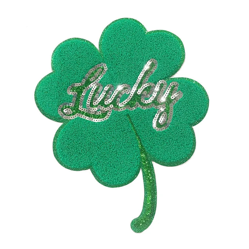 Wholesale Large Chenille Patches Sweatshirt Sequin Green Leaf Clover Iron on Letter Lucky Chenille Patch for Women Man Clothing