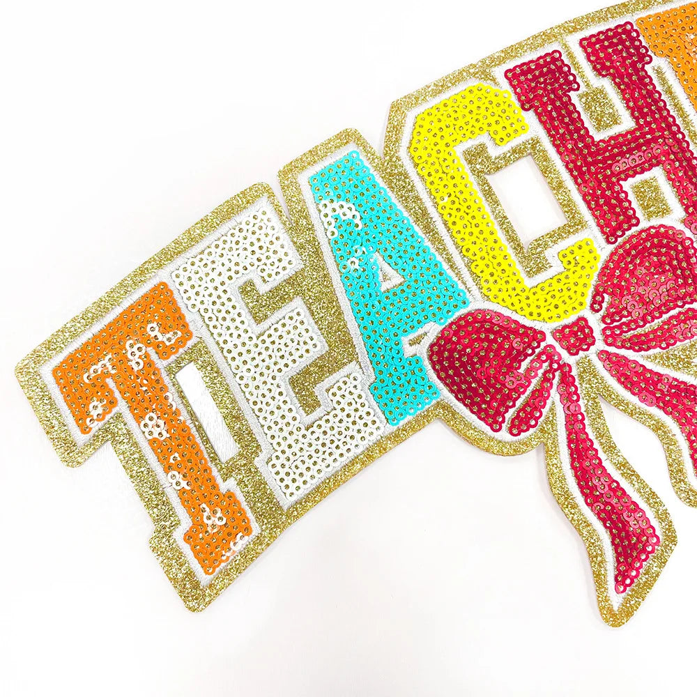 11IN Iron on Sequin Patch Back to School Heat Press Hot Melt Teacher Bow Large Patch for DIY Gift Sweatshirt Backpack Totebag