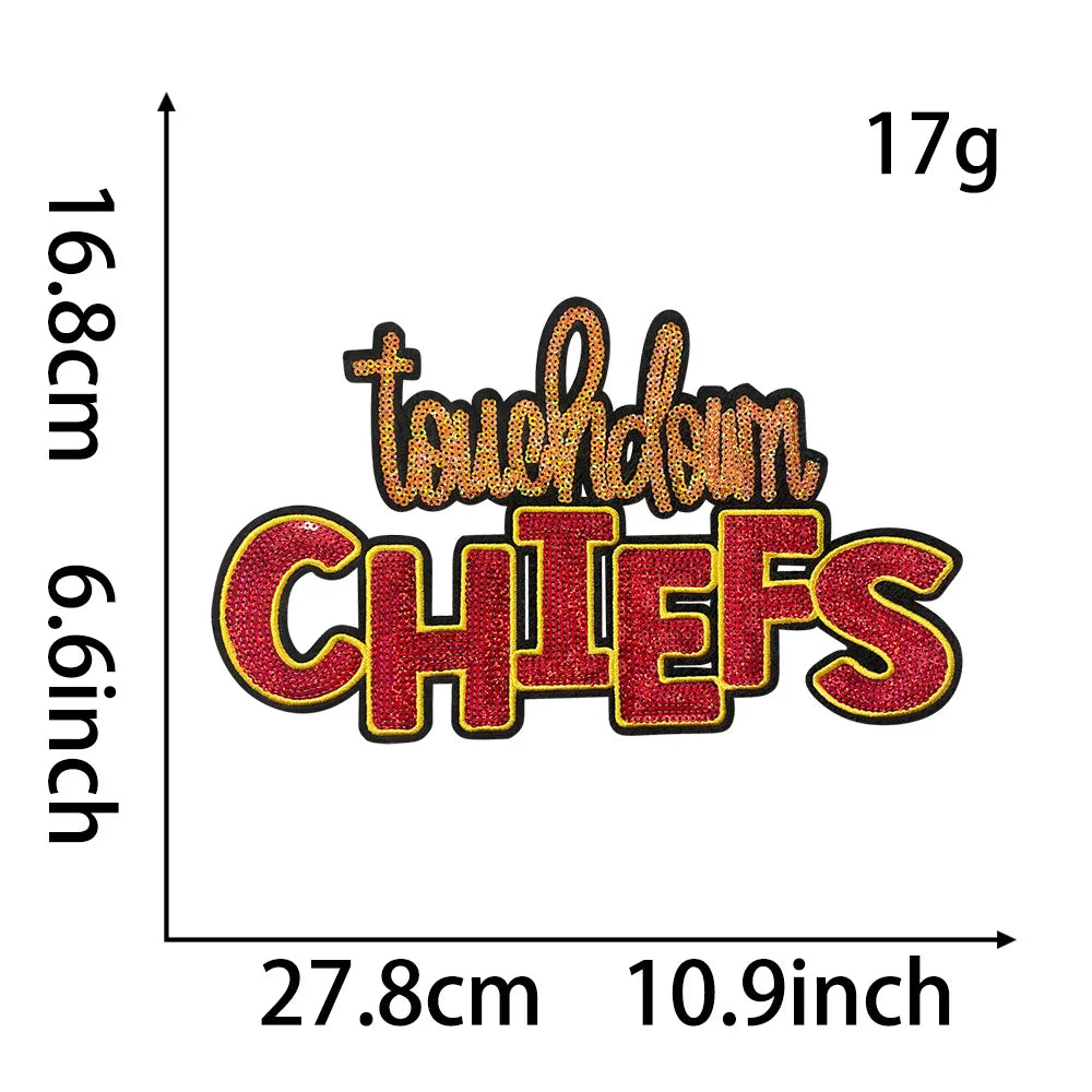 11IN Custom Big Letter Patch Chiefs Sequin Team Lets Go Cowboys Texans Lions Iron on Patches for Clothing Bag Sportswear DIY