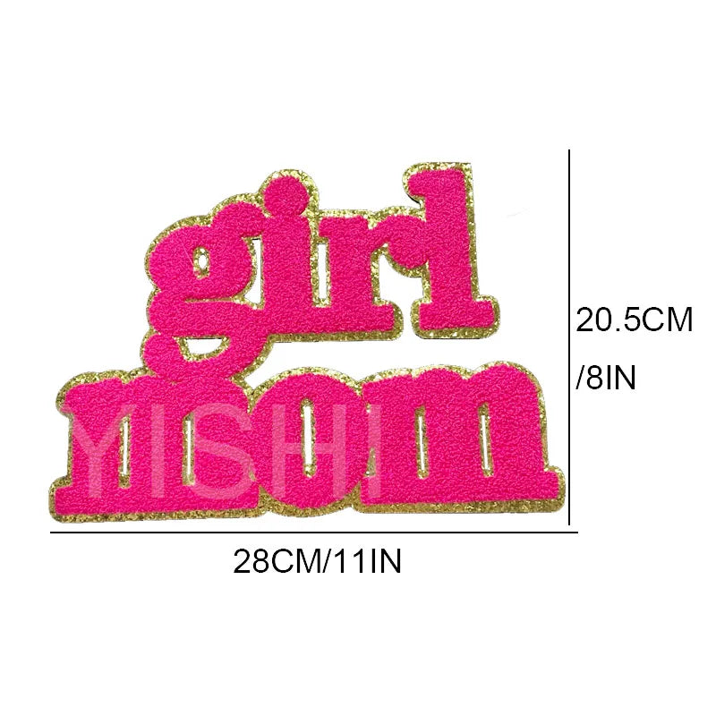 Wholesale 11IN Big Iron on Letters Patches Girl Mom Hot pink Heat Press Chenille Mom Patches for Clothing Bag Decoration