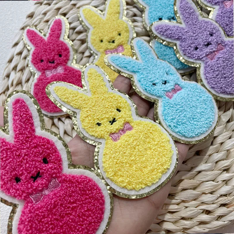 Trendy Colorful Bunny Patches Iron on Animal Rabbit Clothing Glitter Patch Large Easter Chenille Patch for Women Girl