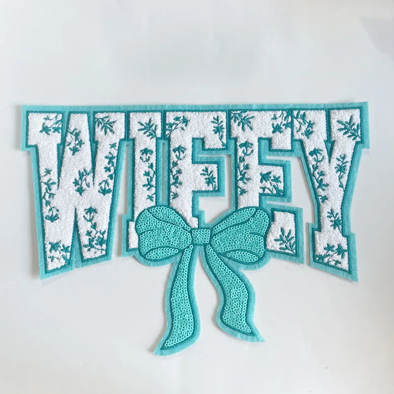 Wholesale Big Mama Patch Clothing Decoration Iron on Embroidered WIFEY Chenille Patches With Sequin Bow for Women Wife Gift