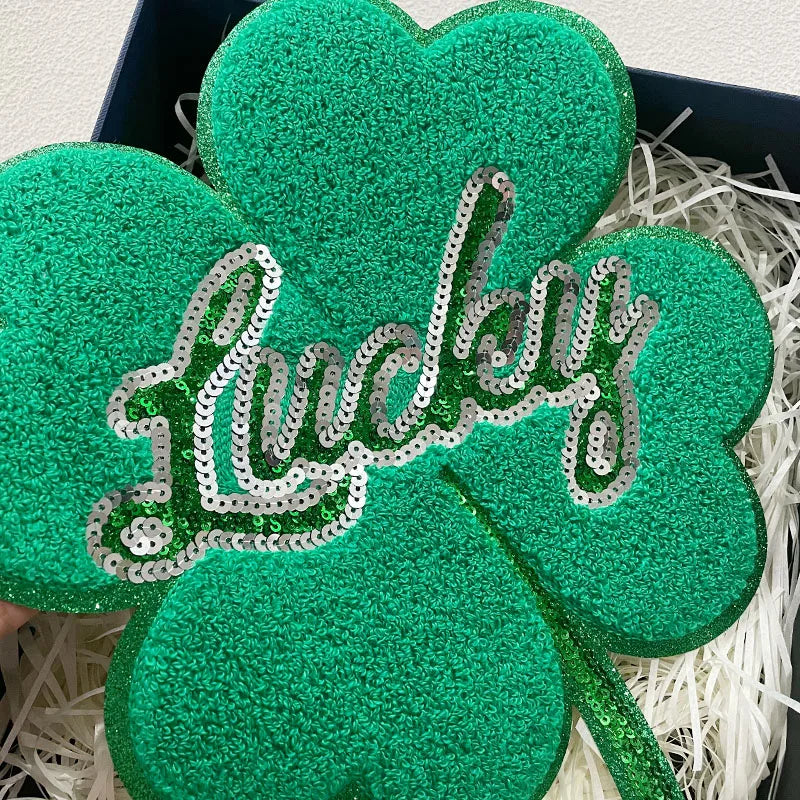 Wholesale Large Chenille Patches Sweatshirt Sequin Green Leaf Clover Iron on Letter Lucky Chenille Patch for Women Man Clothing