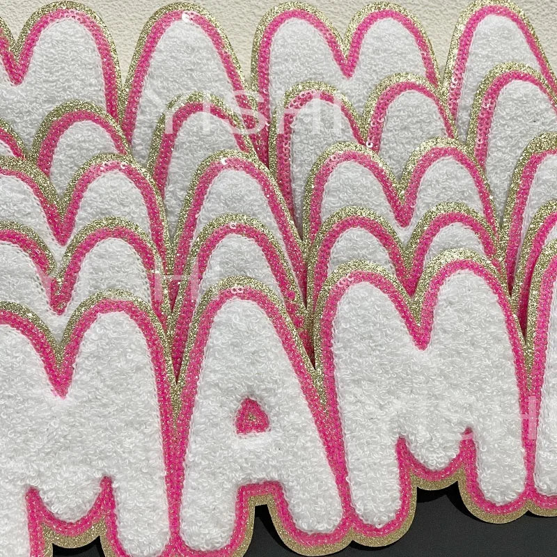 New Arrival MAMA Chenille Patch Iron on Hoodies Letters Heat Press Hot Pink MAMA Sequin Patches for Clothing Decoration Women