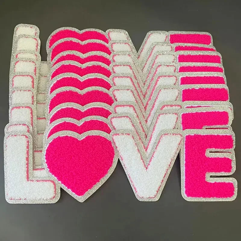 Wholesale Large Valentines Chenille Patches Iron on Decorative Pink LOVE XOXO Chenille Patches for Women Girl Sweaters Shirts