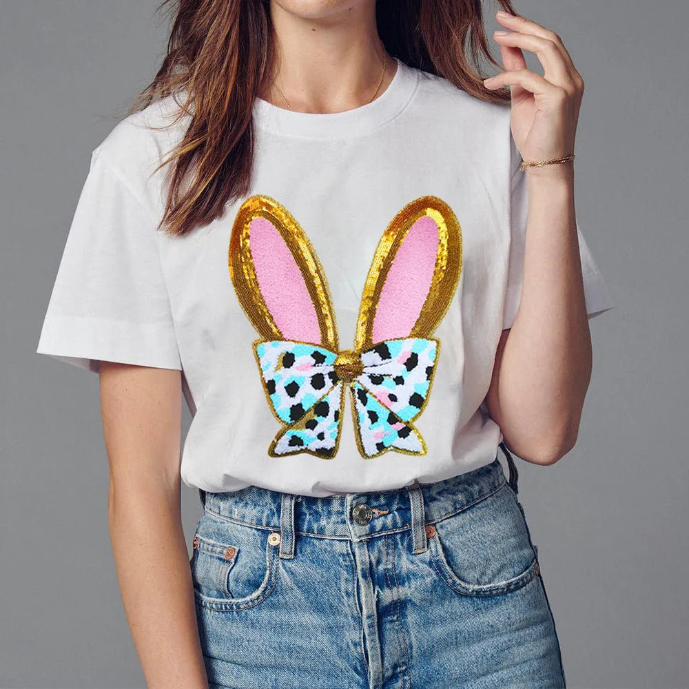26.5CM Cute Pink Blue Bunny Ear Bow Chenille Patches
