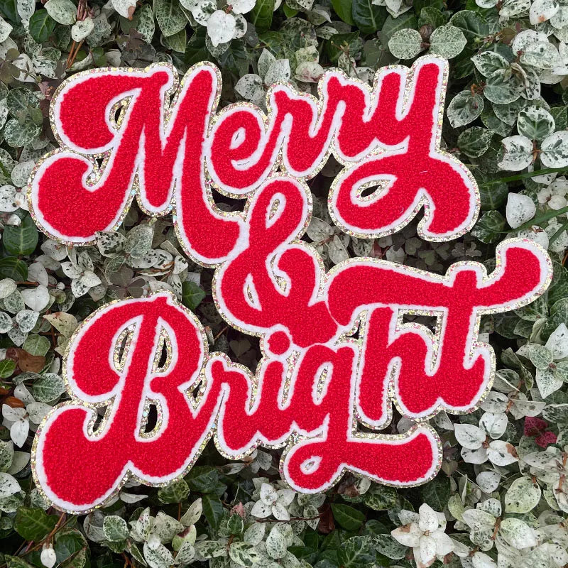 Popular 11IN Red Merry Bright Chenille Patch for Hoodies Christmas Iron-on Patches with Sequins PVC Christmas Hoodie Decoration