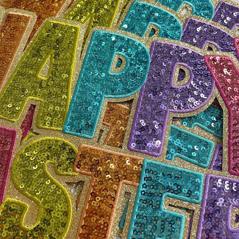 Trendy Big Bling Custom Letter Patches Iron on Colorful Happy Easter Sequin Patch for Women Girl Sweatshirt Hoodie Clothing