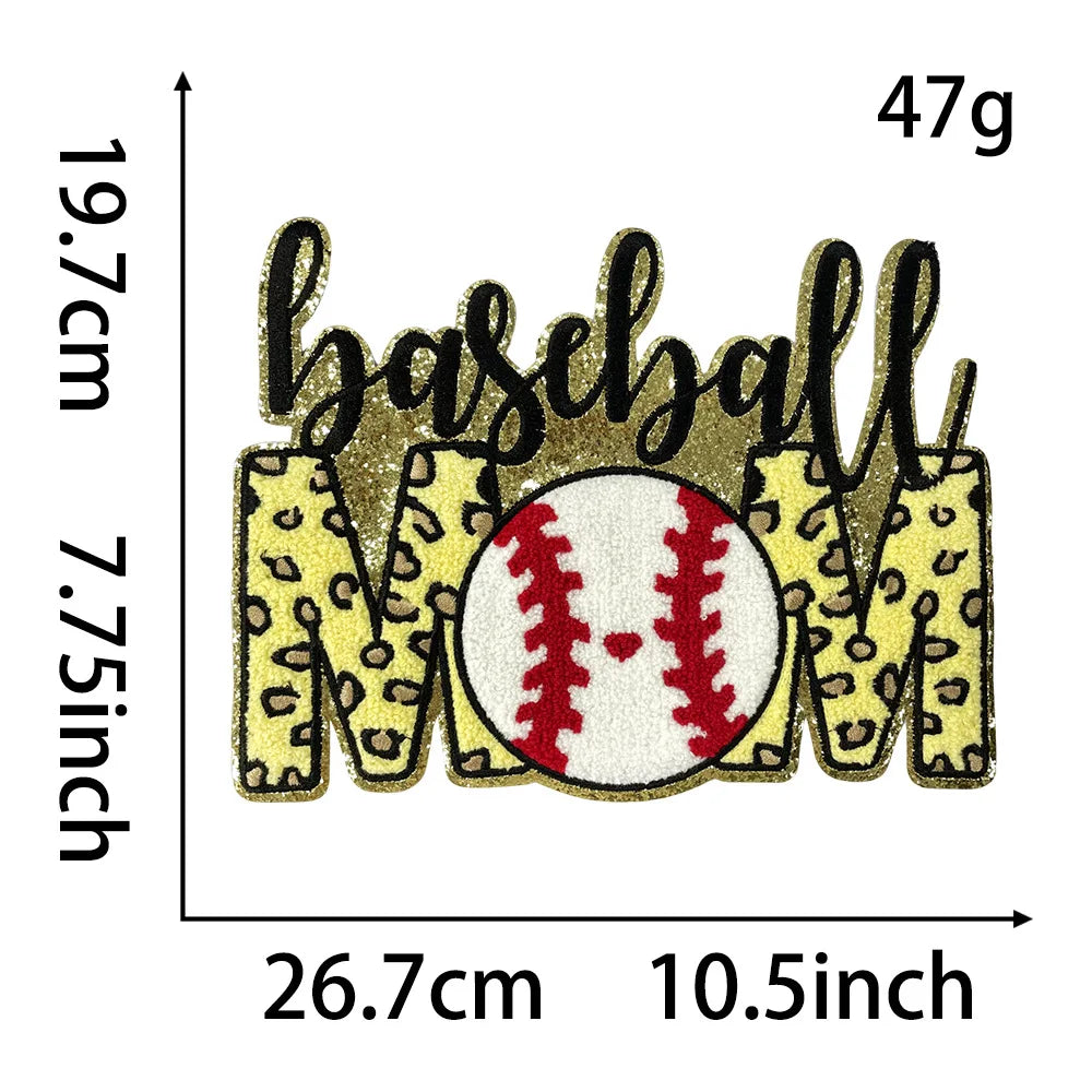 Wholesale Big MOM Chenille Patches Iron on Soccer Volleyball Basketball Softball Baseball MOM Patch for Clothing Heat Transfer