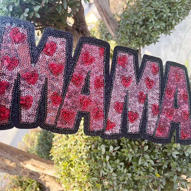 Wholesale Big Mama Sequin Patch Clothing Decoration MAMA With Hearts Patch Iron on for Women MOM Gift