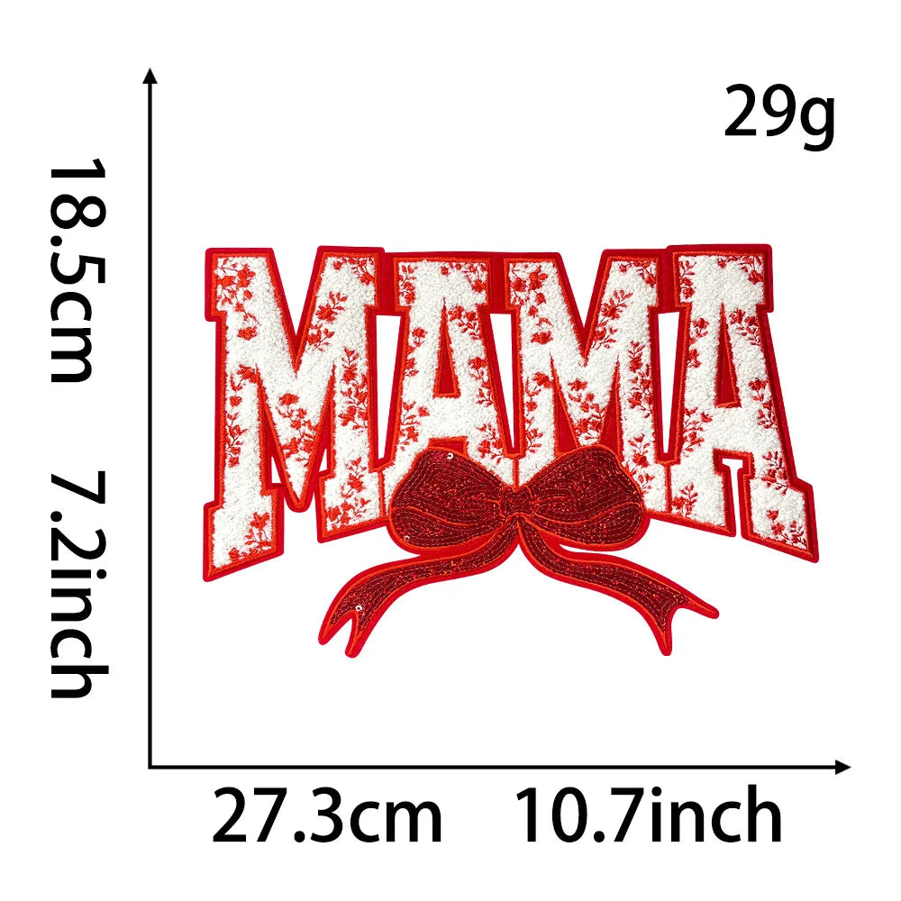Wholesale Big Mama Patch Women Clothing Decoration Iron on Embroidery Mama Chenille Patch With Sequin Bow for Mom Gift