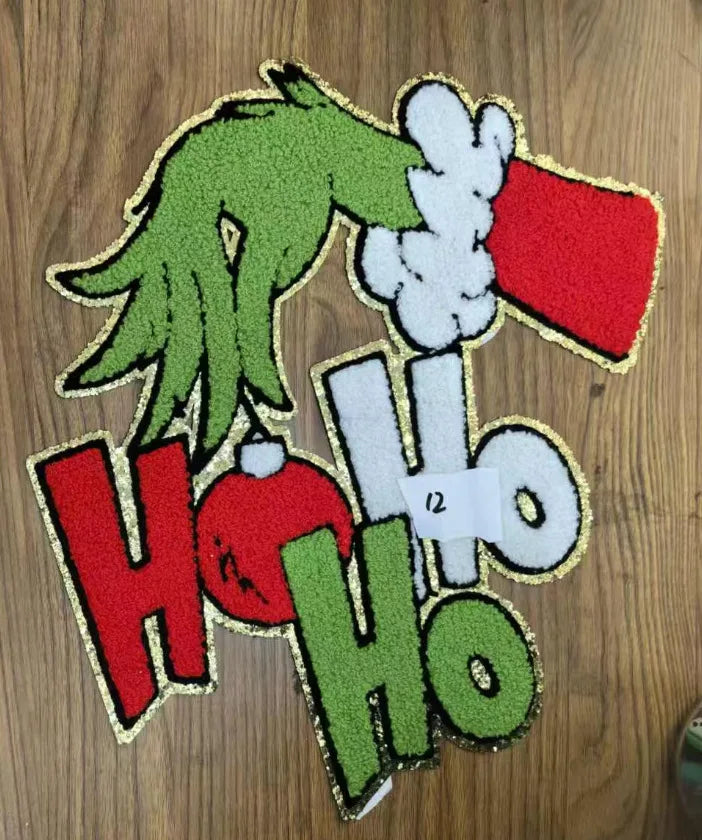 Wholesale Holly Jolly Bow Elk Tree Holiday Chenille Patches Heat Press Custom Sequin Christmas Iron on Patches for Women Man