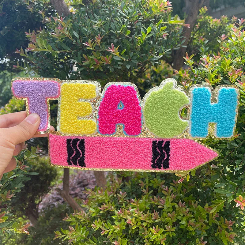 Wholesale Chenille Letter Patches Iron on Girl Colorful School Women Big Teach Pencil Letter Chenille Patch for Hoodies