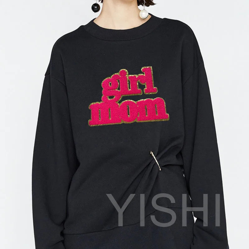 Wholesale 11IN Big Iron on Letters Patches Girl Mom Hot pink Heat Press Chenille Mom Patches for Clothing Bag Decoration