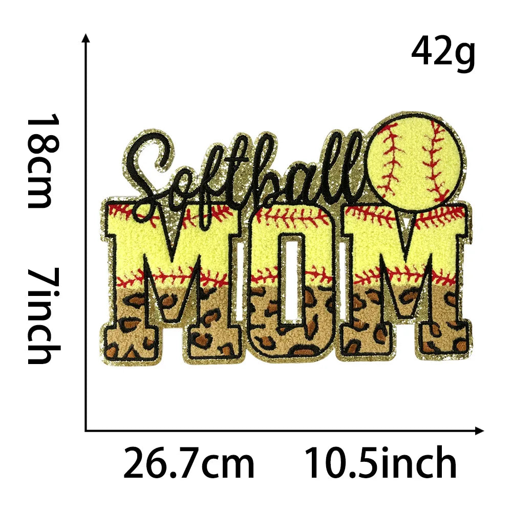 Wholesale Big MOM Chenille Patches Iron on Soccer Volleyball Basketball Softball Baseball MOM Patch for Clothing Heat Transfer