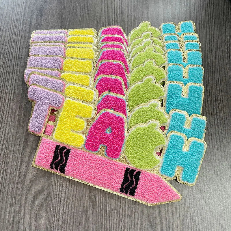 Wholesale Chenille Letter Patches Iron on Girl Colorful School Women Big Teach Pencil Letter Chenille Patch for Hoodies