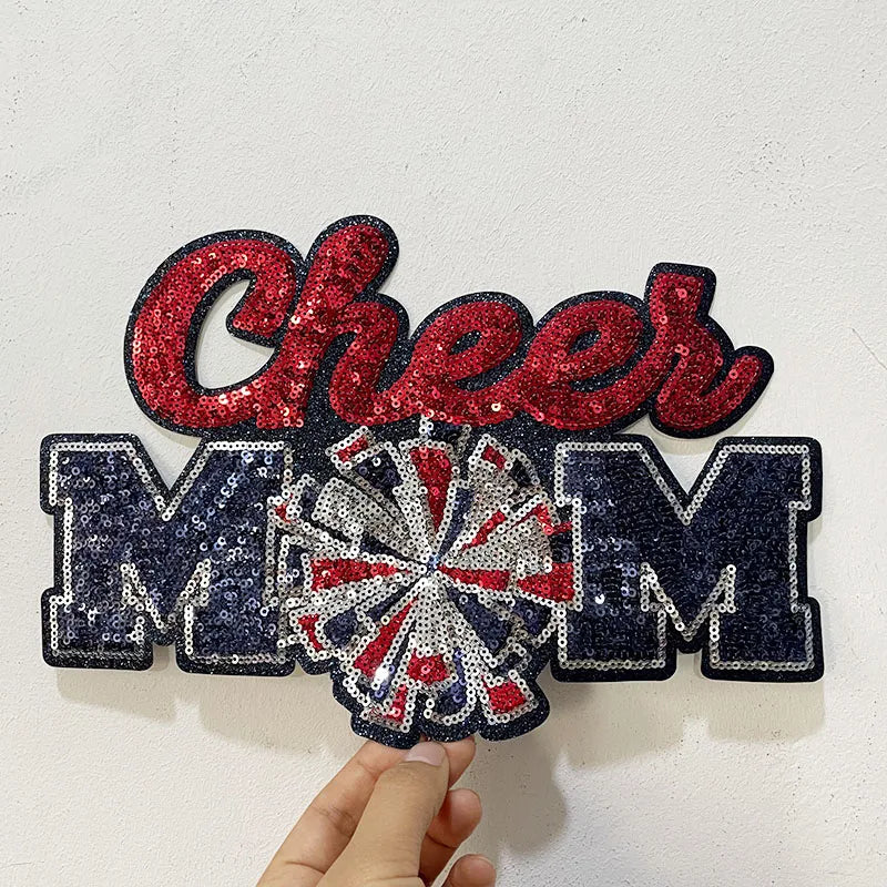 High Quality Clothing Decoration Summer Sequin Patches Custom Green Red Iron on Big Cheer MOM Patch for MAMA Clothes Bag Women