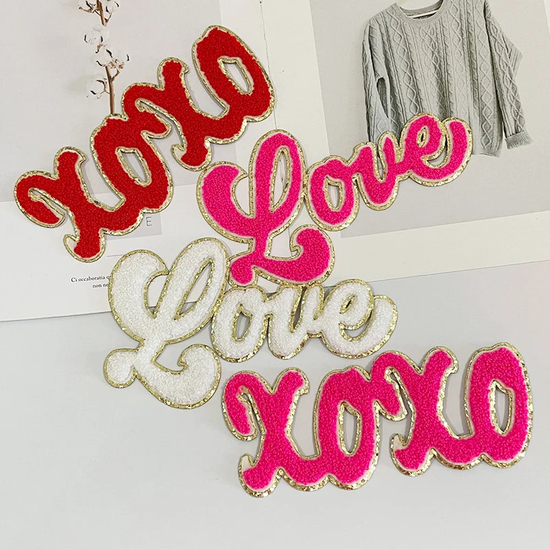 Wholesale 4 Colors Valentine's Chenille Letter Patch Iron on 7 Inches Kids Cloth XOXO Love Chenille Patch for Clothes Bag