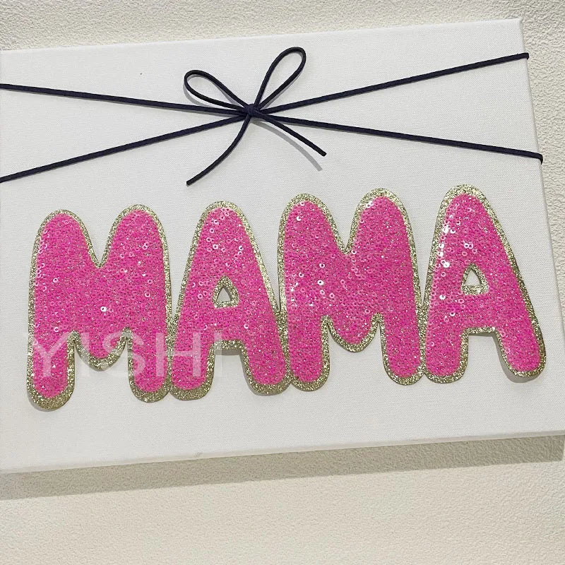 New Arrival MAMA Chenille Patch Iron on Hoodies Letters Heat Press Hot Pink MAMA Sequin Patches for Clothing Decoration Women