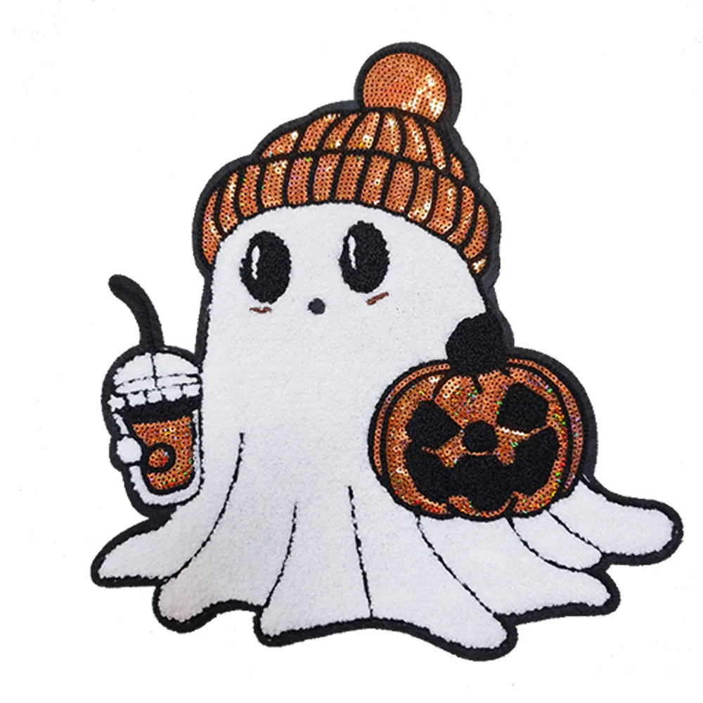 Wholesale Big Halloween Chenille Patches Iron on Cute Fall Season Sequin Ghost Bow Pumpkin Chenille Patches for Women Sweatshirt