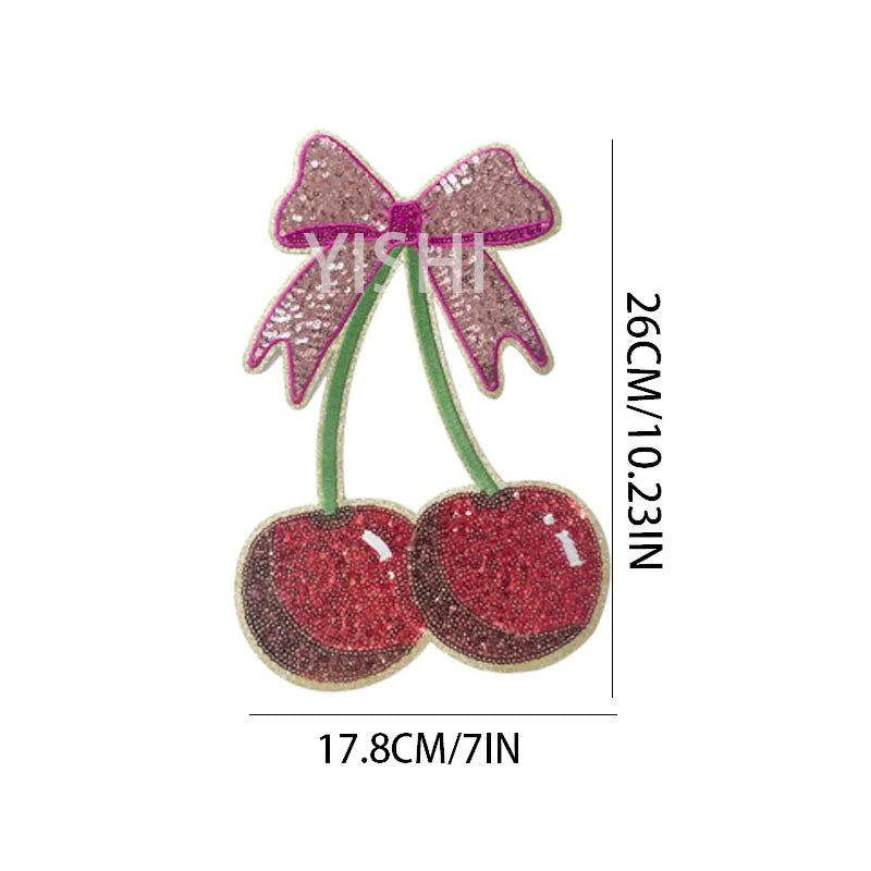 Wholesale Sequin Patches Iron on Women Garment Accessories Big Bow Tie Cherry Sequin Embroidery Patches for Clothing DIY