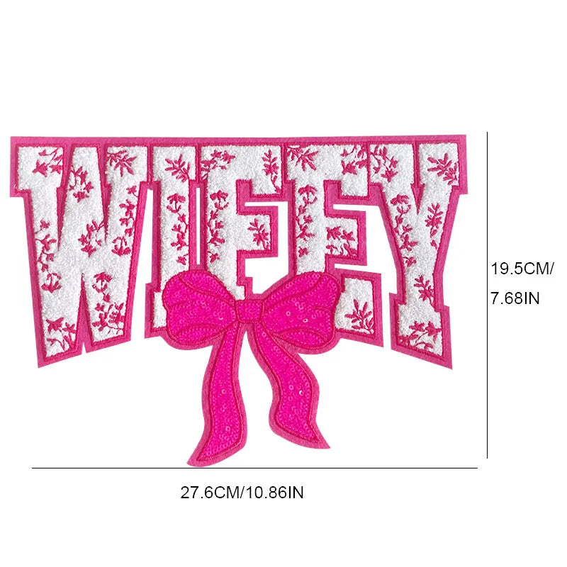Wholesale Big Mama Patch Clothing Decoration Iron on Embroidered WIFEY Chenille Patches With Sequin Bow for Women Wife Gift