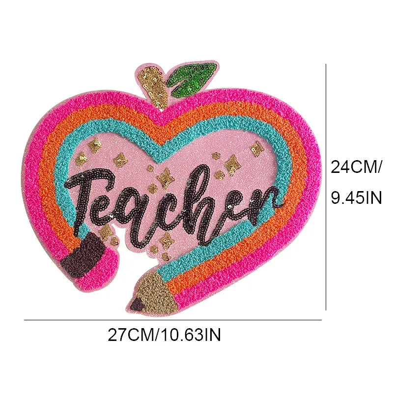 11IN Iron on Sequin Patch Back to School Heat Press Hot Melt Teacher Bow Large Patch for DIY Gift Sweatshirt Backpack Totebag