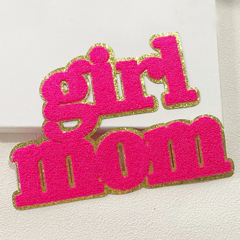 Wholesale 11IN Big Iron on Letters Patches Girl Mom Hot pink Heat Press Chenille Mom Patches for Clothing Bag Decoration