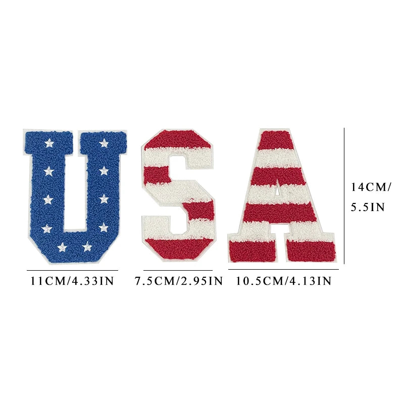 High Quality USA Chenille Patch Tshirt 4th of July 14CM USA Star Chenille Letter Patches Iron on for Clothing Independence Day