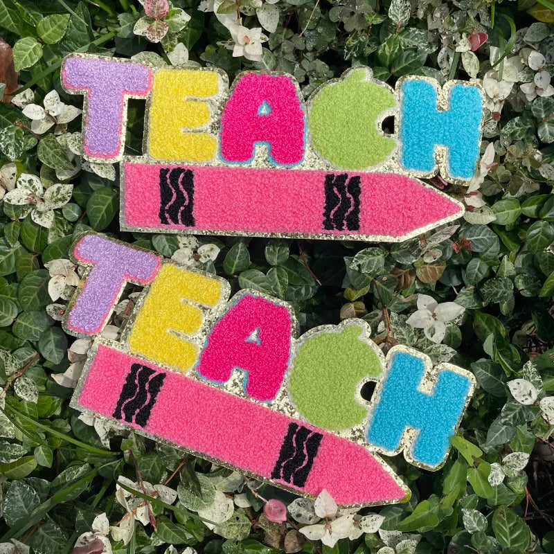 Wholesale Chenille Letter Patches Iron on Girl Colorful School Women Big Teach Pencil Letter Chenille Patch for Hoodies