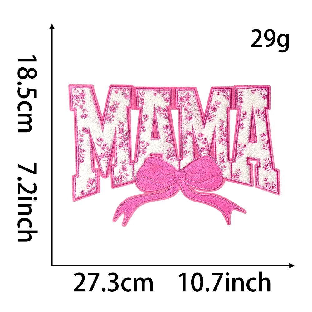 Wholesale Big Mama Patch Women Clothing Decoration Iron on Embroidery Mama Chenille Patch With Sequin Bow for Mom Gift