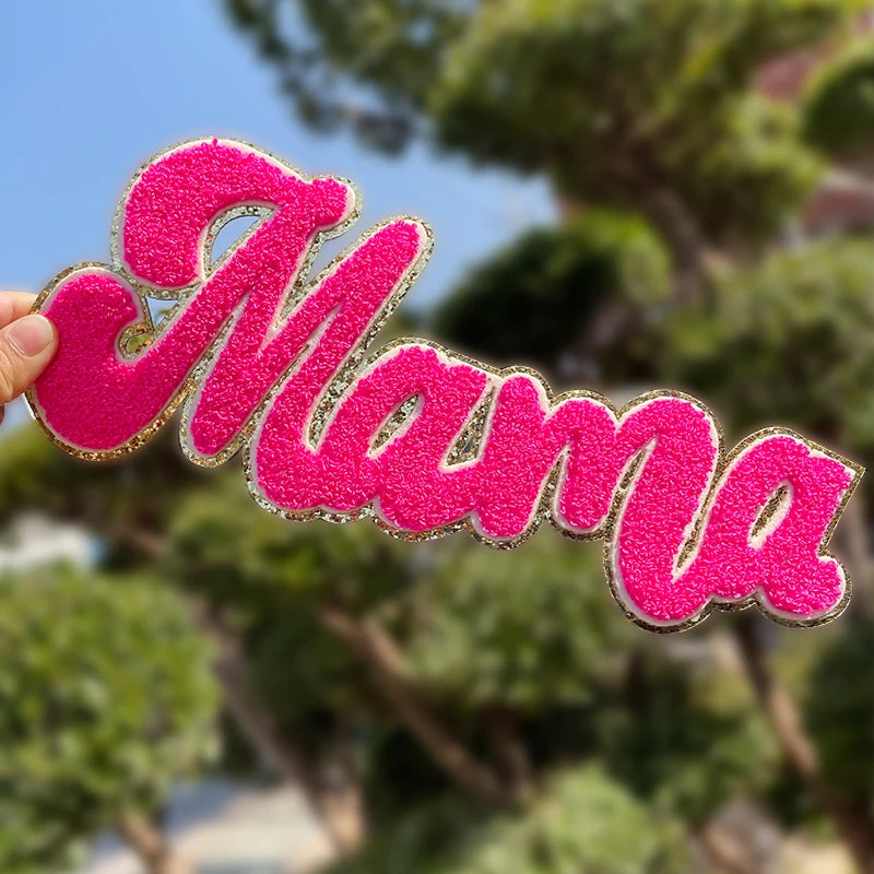 Wholesale 11 Inches Chenille Mama Patch Letter Custom Iron on Hot Pink Women Towel Mama Chenille Patch for Mom Clothing
