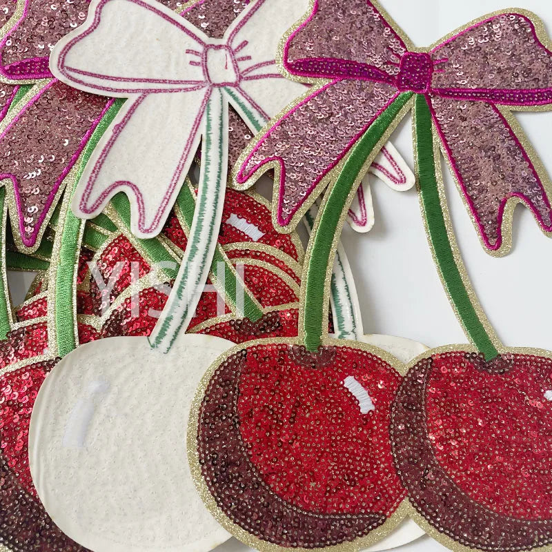 Wholesale Sequin Patches Iron on Women Garment Accessories Big Bow Tie Cherry Sequin Embroidery Patches for Clothing DIY