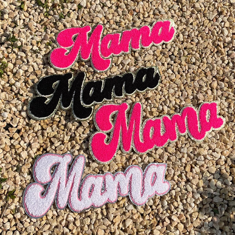 Wholesale 11 Inches Chenille Mama Patch Letter Custom Iron on Hot Pink Women Towel Mama Chenille Patch for Mom Clothing