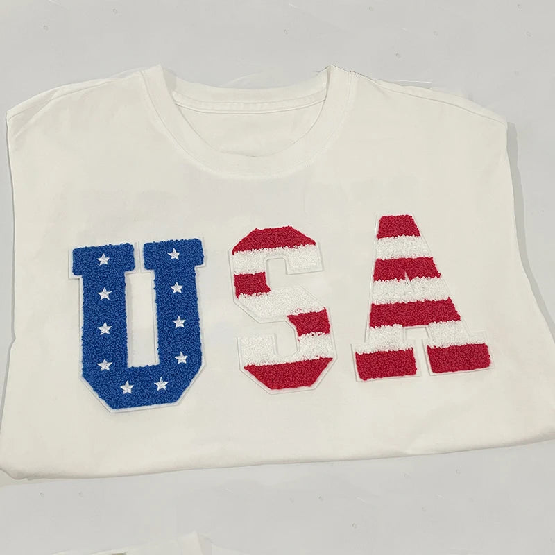High Quality USA Chenille Patch Tshirt 4th of July 14CM USA Star Chenille Letter Patches Iron on for Clothing Independence Day