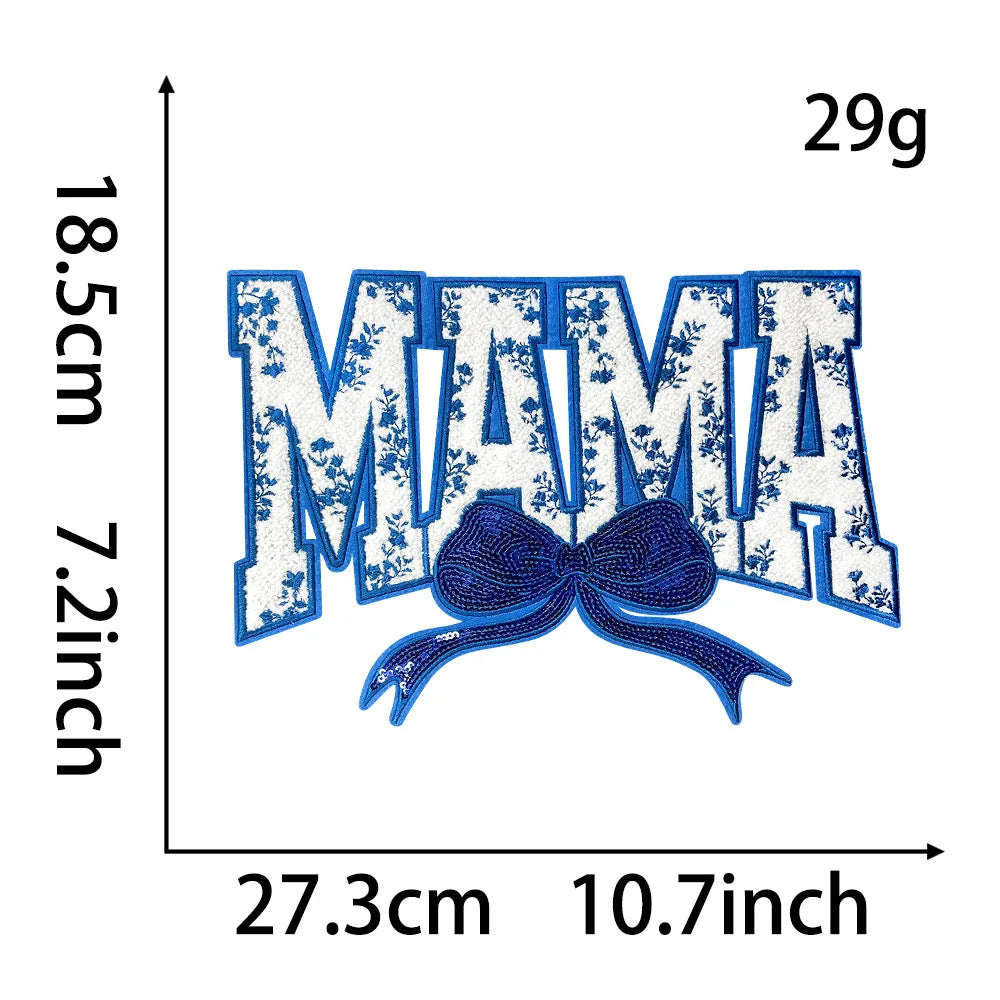 Wholesale Big Mama Patch Women Clothing Decoration Iron on Embroidery Mama Chenille Patch With Sequin Bow for Mom Gift